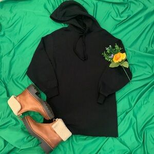 🌹 ZARA • Casual Black Fleece Hoodie Raw Hem Mini Dress